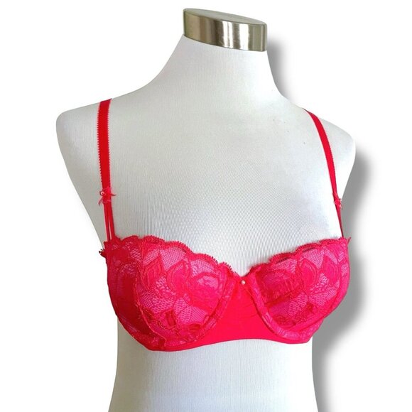 Victorias Secret 34A Bra Red Pink Lace Padded Push Up Balconette Underwire Bows - Picture 2 of 9